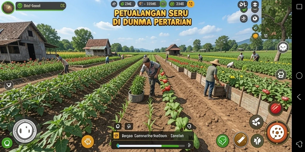Tampilan gameplay 234E menunjukkan ladang hijau yang subur dan tanaman yang beragam.