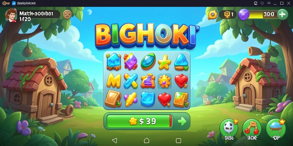 Screenshot gameplay BIGHOKI menampilkan aksi mencocokkan permata yang seru.