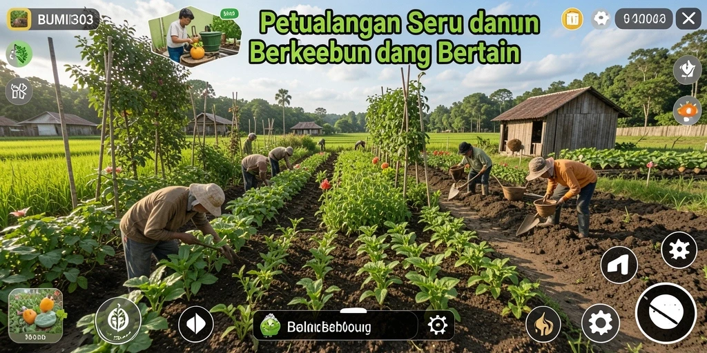 Tangkapan layar gameplay BUMI303 yang menampilkan ladang subur dan tanaman yang beragam.