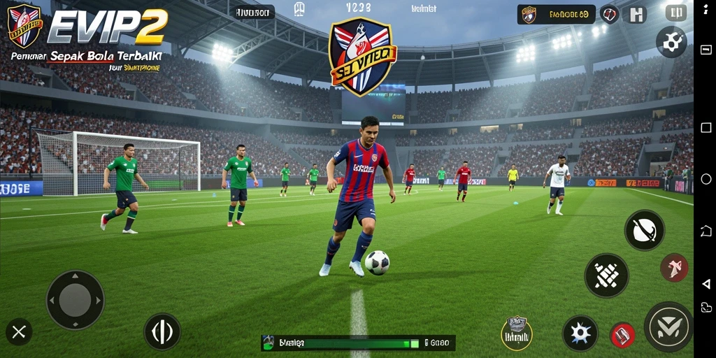 Tampilan gameplay EVIP2 dengan aksi sepak bola yang mendebarkan.